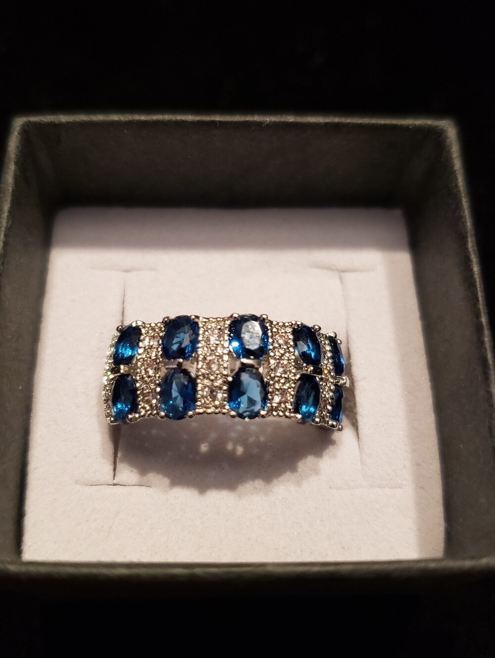 NEW Blue Sapphire Stamped 925 Fashion Ring,  Wide Band W/oval Stones & Pavé